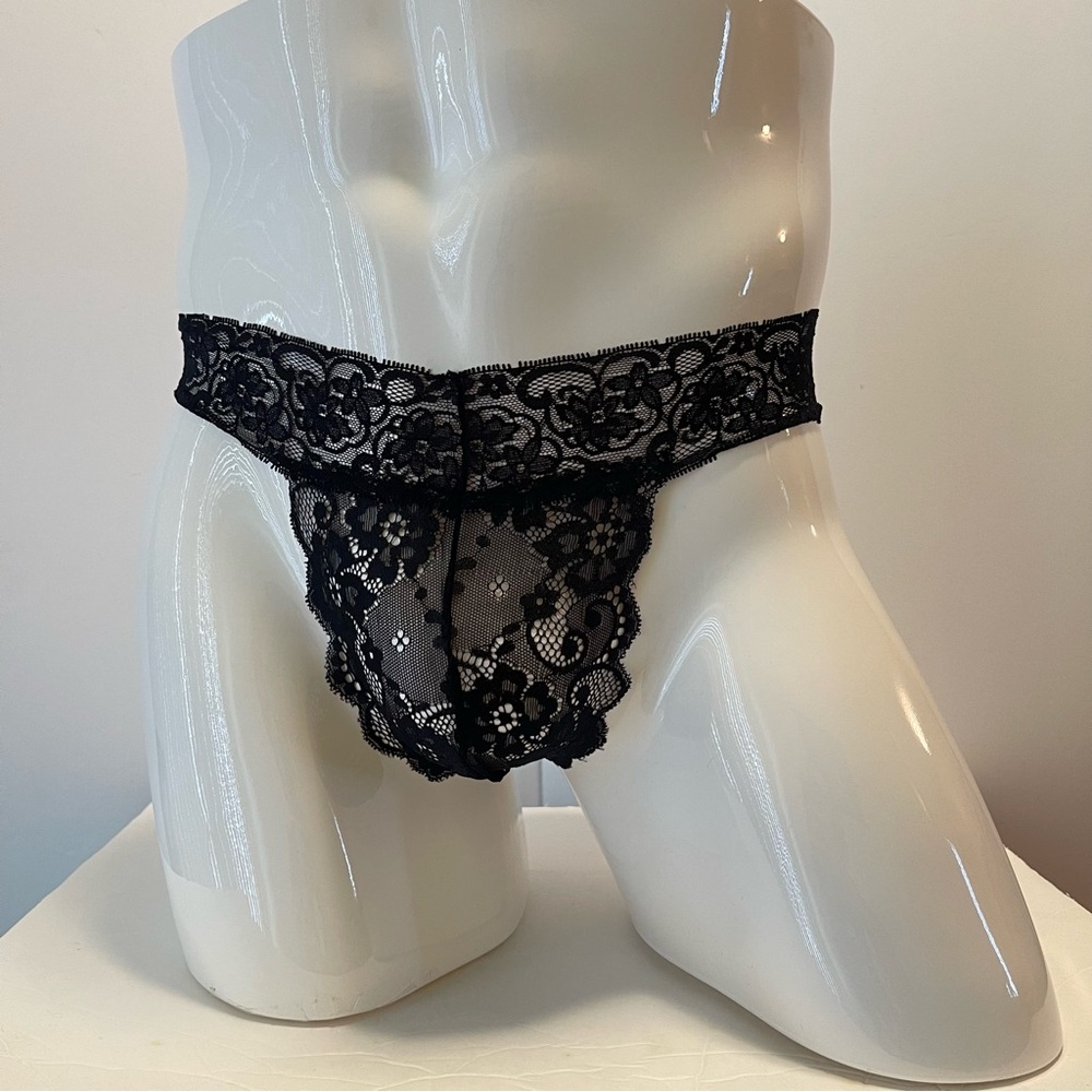 Mens Thong Lace Black Medium Floral Sheer New With Tags
